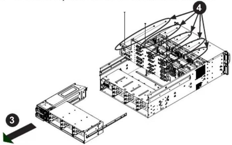 Technical diagram of a server rack with labeled components and directional arrows indicating assembly or movement.