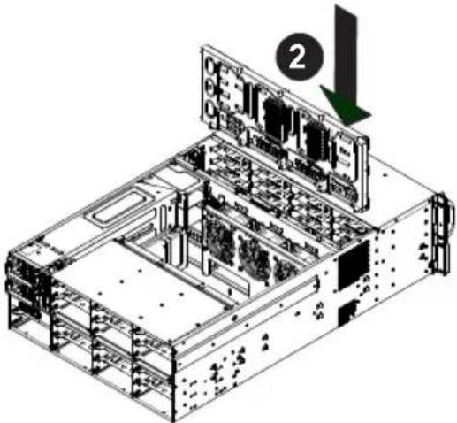 Technical diagram of a server rack with labeled component '2' and directional arrow indicating assembly or movement.