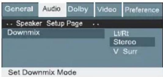 General Audio Dolby Video Preference .. Speaker Setup Page .. Downmix Lt/Rt Stereo V Surr Set Downmix Mode
