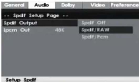 General Audio Dolby Video Preference -- Spdiff Setup Page -- Spdiff Output Spdiff Off Ipcm Out 48K Spdiff/RAW Spdiff/Pcm Setup Spdiff