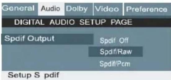 General Audio Dolby Video Preference DIGITAL AUDIO SETUP PAGE Spdif Output Spdif Off Spdif/Raw Spdif/Pcm Setup S pdif