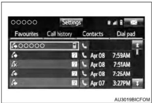 Settings Favourites Call history Contacts Dial pad Apr 08 7:59AM Apr 08 7:51AM Apr 08 7:26AM Apr 07 3:27PM AU3019BICFOM