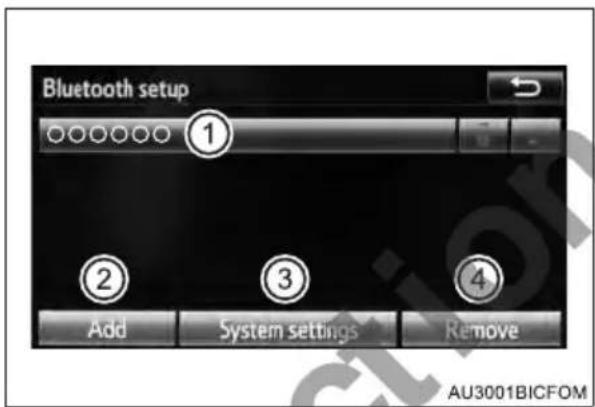 Bluetooth setup Add System settings Remove AU3001BICFOM