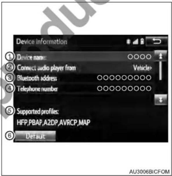 Device information ① Device name: ○○○○ ② Connect audio player from Vehicle> ③ Bluetooth address ○○○○○○○○○○ ④ Telephone number ○○○○○○○○○○ ⑤ Supported profiles: HFP,PBAP,A2DP,AVRCP,MAP ⑥ Default AU3006BICFOM