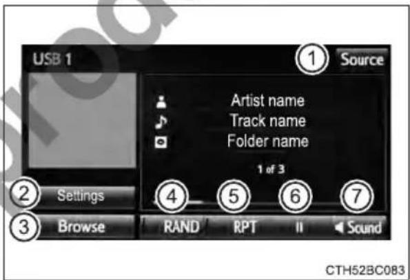 USB 1 ① Source Artist name Track name Folder name 1 of 3 Settings ② ③ Browse RAND RPT II Sound ④ ⑤ ⑥ ⑦ CTH52BC083