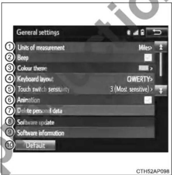 General settings Units of measurement Miles> Beep Colour theme > Keyboard layout QWERTY> Touch switch sensitivity 3 (Most sensitive) > Animation Delete personal data Software update Software information Default CTH52AP098