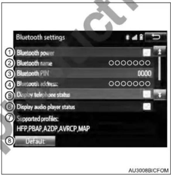 Bluetooth settings ① Bluetooth power ② Bluetooth name ○○○○○○○ ③ Bluetooth PIN 0000 ④ Bluetooth address: ○○○○○○○ ⑤ Display telephone status ⑥ Display audio player status ⑦ Supported profiles: HFP,PBAP,AZDP,AVRCP,MAP ⑧ Default AU3008BICFOM