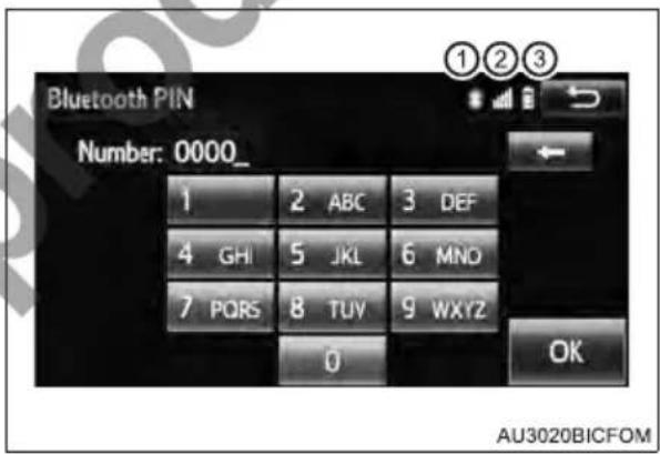 Bluetooth PIN Number: 0000_ 1 2 ABC 3 DEF 4 GHI 5 JKL 6 MNO 7 PQRS 8 TUY 9 WXYZ OK AU3020BICFOM