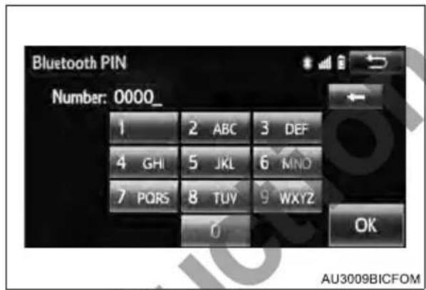 Bluetooth PIN Number: 0000_ 1 2 ABC 3 DEF 4 GHI 5 JKL 6 MNO 7 PQRS 8 TUV 9 WXYZ OK AU3009BICFOM