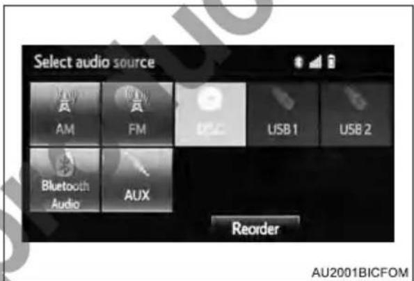 Select audio source AM FM USB 1 USB 2 Bluetooth Audio AUX Reorder AU2001BICFOM