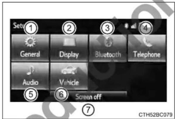 Setup① General Display Bluetooth Telephone Audio Vehicle ⑤ ⑥ Screen off ⑦ CTH52BC079