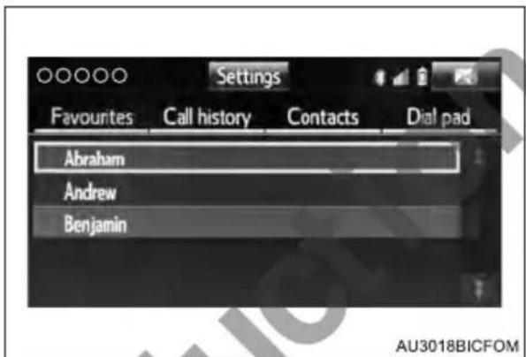 Settings Favourites Call history Contacts Dial pad Abraham Andrew Benjamin AU3018BICFOM