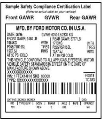 Sample Safety Compliance Certification Label (Refer to actual label on your vehicle) Front GAWR GVWR Rear GAWR MFD. BY FORD MOTOR CO. IN U.S.A. DATE: 06/95 GVWR: 6250 LB/2834 KG FRONT GAWR: 3450 LB REAR GAWR: 3777 LB 1564KG WITH 1713KG WITH P265/75R15SL TRES P265/75R15SL TRES 15X7.5J RIMS 15X7.5J RIMS AT 30 PSI COLD AT 30 PSI COLD THIS VEHICLE CONFORMS TO ALL APPLICABLE FEDERAL MOTOR VEHICLE SAFETY STANDARDS IN EFFECT ON THE DATE OF MANUFACTURE SHOWN ABOVE. XXXXXXXXXXXXX VIN: 1FTEX14H 0 SKB 00000 F0018 TYPE: XXXXXXXXXXXXXXXXX TC183 EXT PH: XXXXXXXXXXXXXXX WD | TYPE:GWW | BODY | TRANS | AXLE | TAPE | SPRINGS 1SS | REM | E | HHB | MH