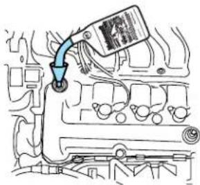 Diagram showing engine component with a blue tool inserted into a vehicle, labeled with a barcode tag and numbered marker.