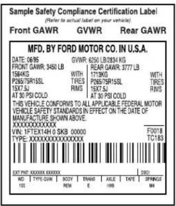 Sample Safety Compliance Certification Label (Refer to actual label on your vehicle) Front GAWR GVWR Rear GAWR MFD. BY FORD MOTOR CO. IN U.S.A. DATE: 06/95 GVWR: 6250 LB/2834 KG FRONT GAWR: 3450 LB REAR GAWR: 3777 LB 1564KG WITH 1713KG WITH P265/75R1SSL TRES P265/75R1SSL TRES 15X7.5J RIMS 15X7.5J RIMS AT 30 PSI COLD AT 30 PSI COLD THIS VEHICLE CONFORMS TO ALL APPLICABLE FEDERAL MOTOR VEHICLE SAFETY STANDARDS IN EFFECT ON THE DATE OF MANUFACTURE SHOWN ABOVE. XXXXXXXXXXXXX VIN: 1FTEX14H 0 SKB 00000 F0018 TYPE: XXXXXXXXXXXXXXXXX TC183 EXT PH: XXXXXXXXXXXXXXX WD | TYPE:GWW | BODY | TRANS | AXLE | TAPE | SPRINGS 1SS | REM | E | HHB | M4