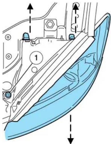 Technical diagram of a car front panel with labeled parts and directional arrows indicating assembly or movement.