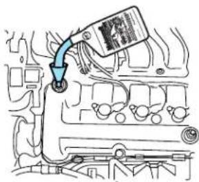 Technical diagram showing engine component with a blue arrow indicating direction and a label on the car body.