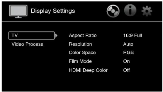 Display Settings TV Aspect Ratio 16:9 Full Video Process Resolution Auto Color Space RGB Film Mode On HDMI Deep Color Off
