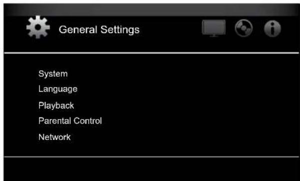 General Settings System Language Playback Parental Control Network