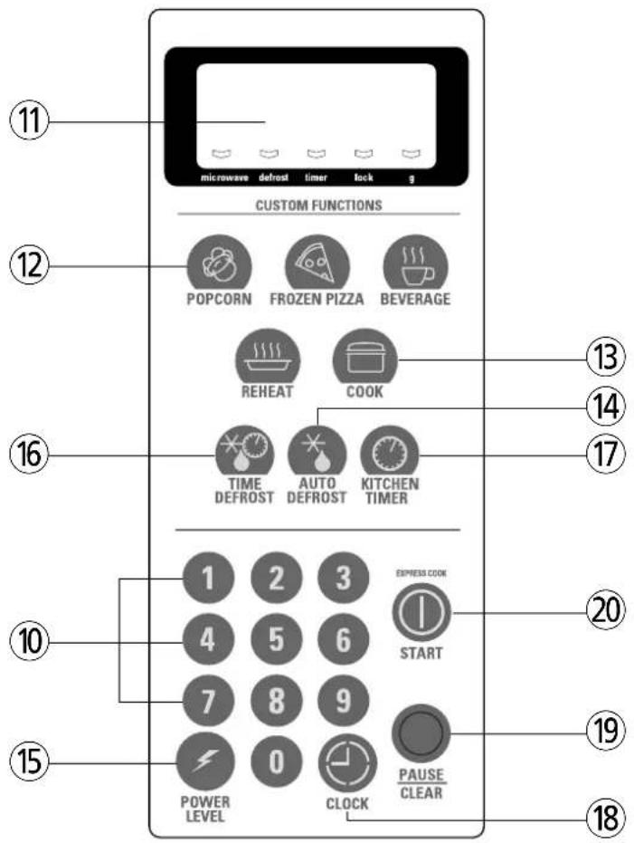 microwave defrost timer lock g CUSTOM FUNCTIONS POPORN FROZEN PIZZA BEVERAGE REHEAT COOK TIME DEFROST AUTO DEFROST KITCHEN TIMER 1 2 3 4 5 6 7 8 9 POWER LEVEL CLOCK PAUSE CLEAR 13 14 17 20 19 18