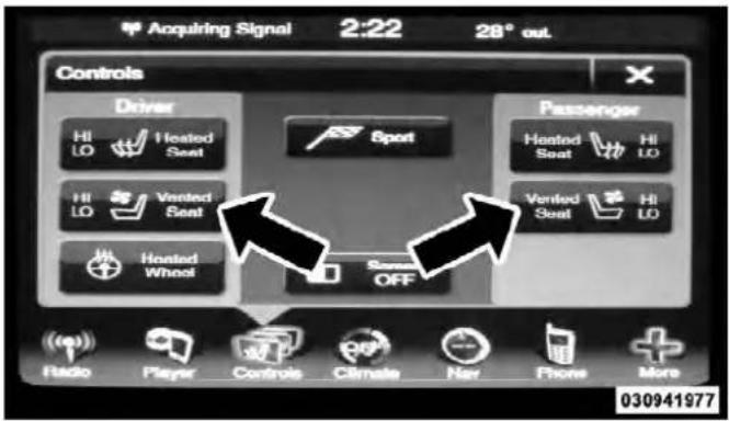 Acquiring Signal 2:22 28° out. Controls Driver Hi LO Heated Seat Sport Passenger Hi LO Heated Seat Hi LO Vented Seat Heated Wheel OFF Rado Player Controls Climate Nav Phone More 030941977