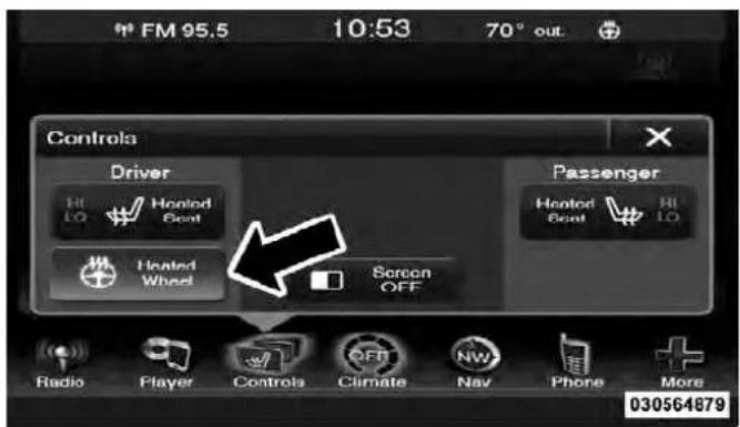 FM 95.5 10:53 70° out. Controls Driver Hi LO Hooted Seat Heated Wheel Screen OFF Passenger Hooted Seat Hi LO Radio Player Controls Climate NW Phone More 030564879