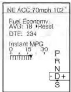 NE ACC:70mph 102 Fuel Economy AVG: 18 •Hesel DTE: 234 Instant MPG 0 15 30 P R N -D+ S
