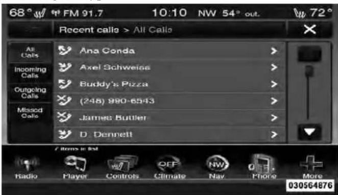 68° FM 91.7 10:10 NW 54° out. 72° Recent calls > All Calls All Calls Incoming Calls Outgoing Calls Missed Calls Ana Conda Axel Schweiss Buddy's Pizza (248) 990-6543 James Butler D. Dennett 7 items to list Radio Player Controls Climate Nav Phone More 030564876