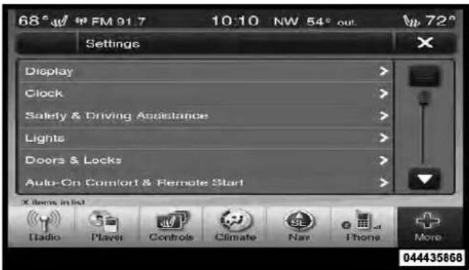 68° FM 91.7 10:10 NW 54° out. 72° Settings Display > Clock > Safety & Driving Assistance > Lights > Doors & Locks > Auto-On Comfort & Remote Start > X items in list Radio Player Controls Climate Nav Phone More 044435868