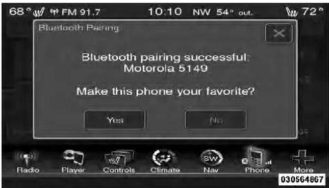 68° w/ FM 91.7 10:10 NW 54° out. 72° Bluetooth Pairing Bluetooth pairing successful: Motorola 5149 Make this phone your favorite? Yes No Radio Player Controls Climate Nav Phone More 030564867