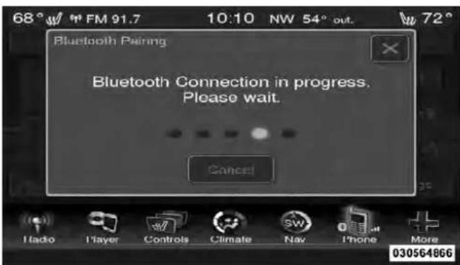 68° FM 91.7 10:10 NW 54° out. 72° Bluetooth Pairing Bluetooth Connection in progress. Please wait. Cancel Hado Player Controls Climate Nav Phone More 030564866