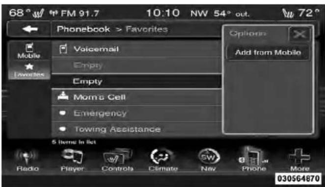 68° FM 91.7 10:10 NW 54° out. 72° Phonebook > Favorites Mobile Voicemail Options Add from Mobile Empty Favorites Empty Moms Cell Emergency Towing Assistance 5 Items In List Radio Player Controls Climate Nav Phone More 030564870