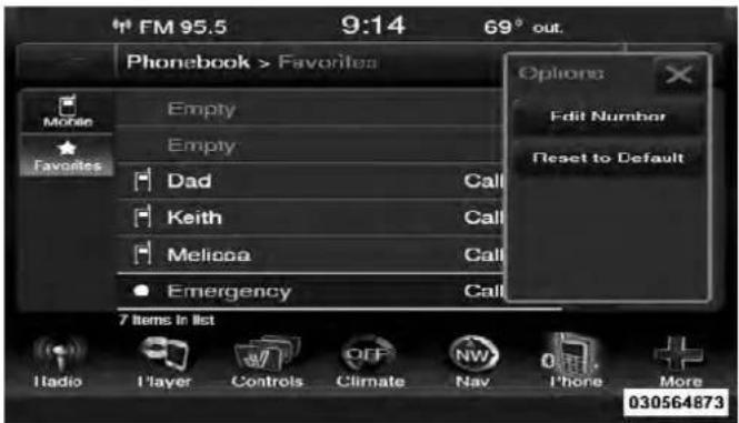 FM 95.5 9:14 69° out. Phonebook > Favorites Options Edit Number Reset to Default Empty Empty Dad Call Keith Call Melicca Call Emergency Call 7 Items In List Radio Player Controls Climate Nav Phone More 030564873