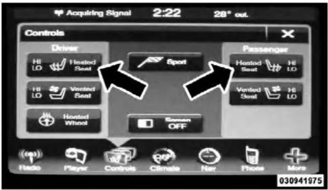 Acquiring Signal 2:22 28° out. Controls Driver Hi LO Heated Seat Sport Passenger Hi LO Vented Seat Heated Seat Hi LO Vented Seat Hi LO Hosted Wheel Seman OFF Radio Player Controls Climate Air Phone More 030941975