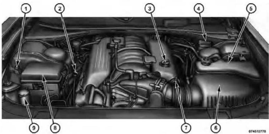 Technical diagram of a car engine bay with numbered component labels pointing to internal components.