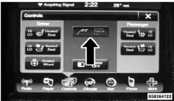 Acquiring Signal 2:22 28° out. Controls Driver Hi LO Heated Seal SHORT TRACK LO Passenger Heated Seal Hi LO Hi LO Vented Seal Vented Seal Hi LO Hi Heated Wheel OFF Radio Player Controls Climate Nav Phone More 058364722