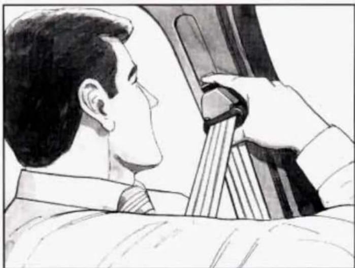 Black-and-white illustration of a man in a suit adjusting a seatbelt (no text or symbols visible)