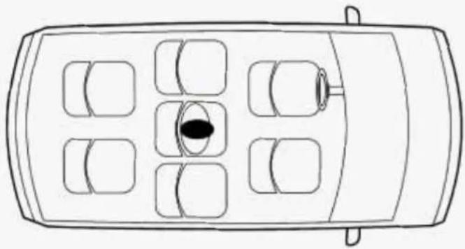 Top-down line drawing of a car with multiple windows and a central oval object (no text or symbols)