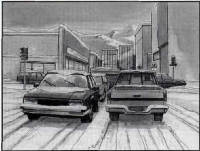 Black-and-white sketch of a city street with parked cars and buildings, no visible text or symbols