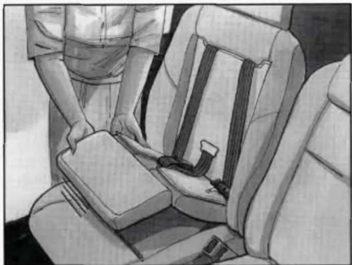 Illustration of a person adjusting a seatbelt inside a car seat (no text or symbols visible)