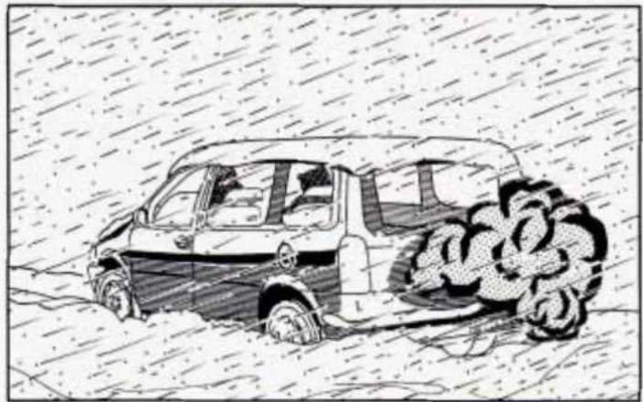 Cartoon illustration of a van driving through heavy rain with a large pile of smoke or dust (no text or symbols)