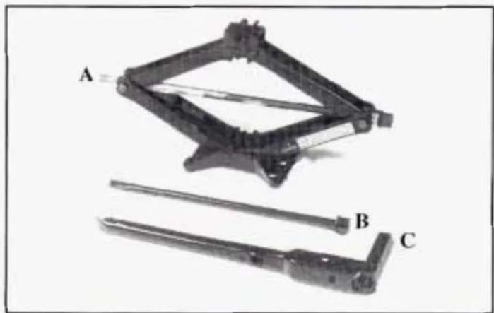 Mechanical device with three labeled parts (A, B, C) showing structural components and linkages (no text or symbols beyond labels)