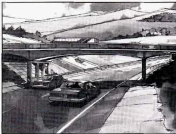 Black-and-white sketch of a highway bridge over a river with a car and distant hills (no text or symbols)