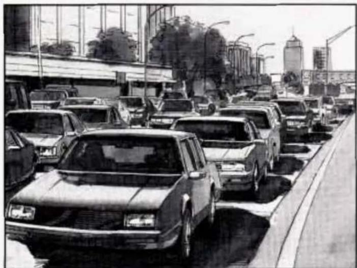 Black-and-white sketch of a busy urban street with multiple cars parked along a road, buildings and trees in the background (no visible text or signage)