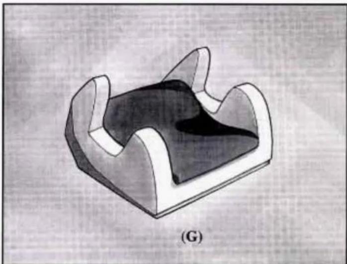 3D rendered diagram of a mechanical part with curved surfaces and a labeled section (G), no text or symbols present.
