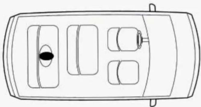Top-down line drawing of a car interior layout with no text or symbols