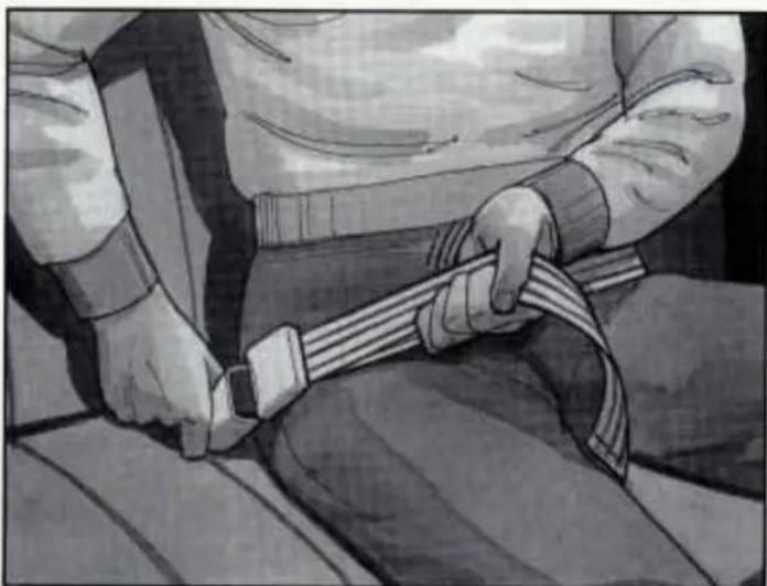 Illustration of a person wearing a belt buckle and sitting on a surface (no text or symbols)
