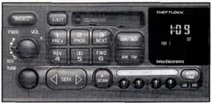 RECALL EJECT CL PWR VOL 1 PREV 2 PROG 3 NEXT REV 4 5 FWD 6 AM FM SOV TUNE SEEK P SCAN THCFTLOCK 1:09 FM 1 ST Select Electramps