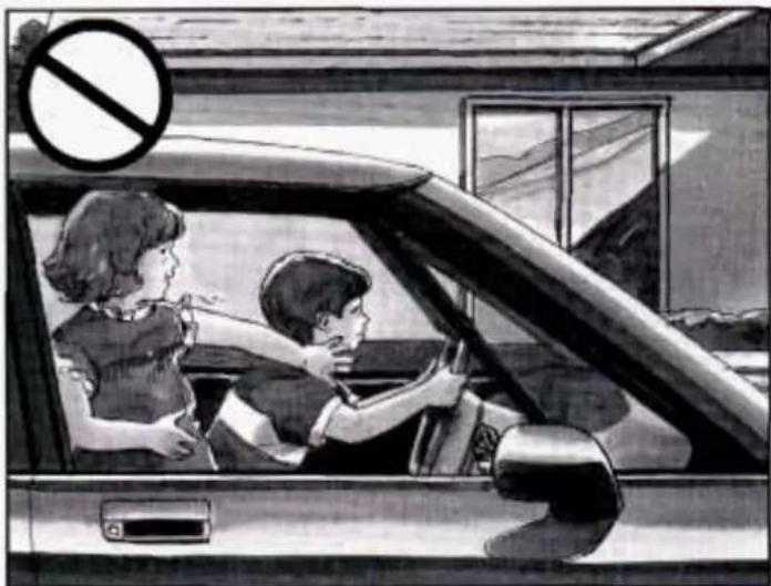 Black-and-white illustration of a car with two people, one facing the window and another looking out, showing no visible text or symbols.