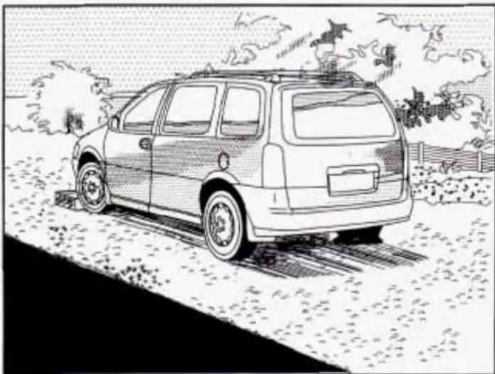 Line drawing of a car on a dirt track with trees and a fence in the background (no text or symbols)